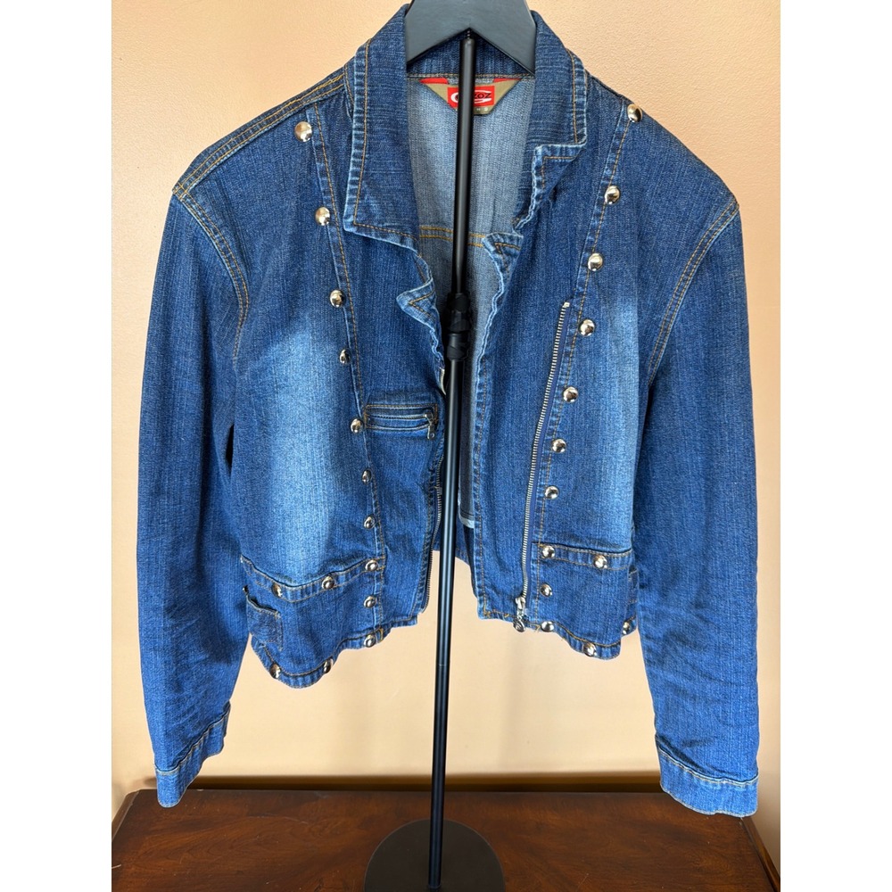 Gazoz Jeans Womens Studded Cropped Denim Jacket Blue Side Zip XL